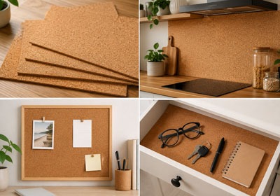 DIY cork sheets applied as drawer liners and bulletin boards
