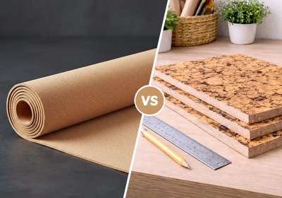 Close-up comparison of cork rolls and cork sheets for DIY projects